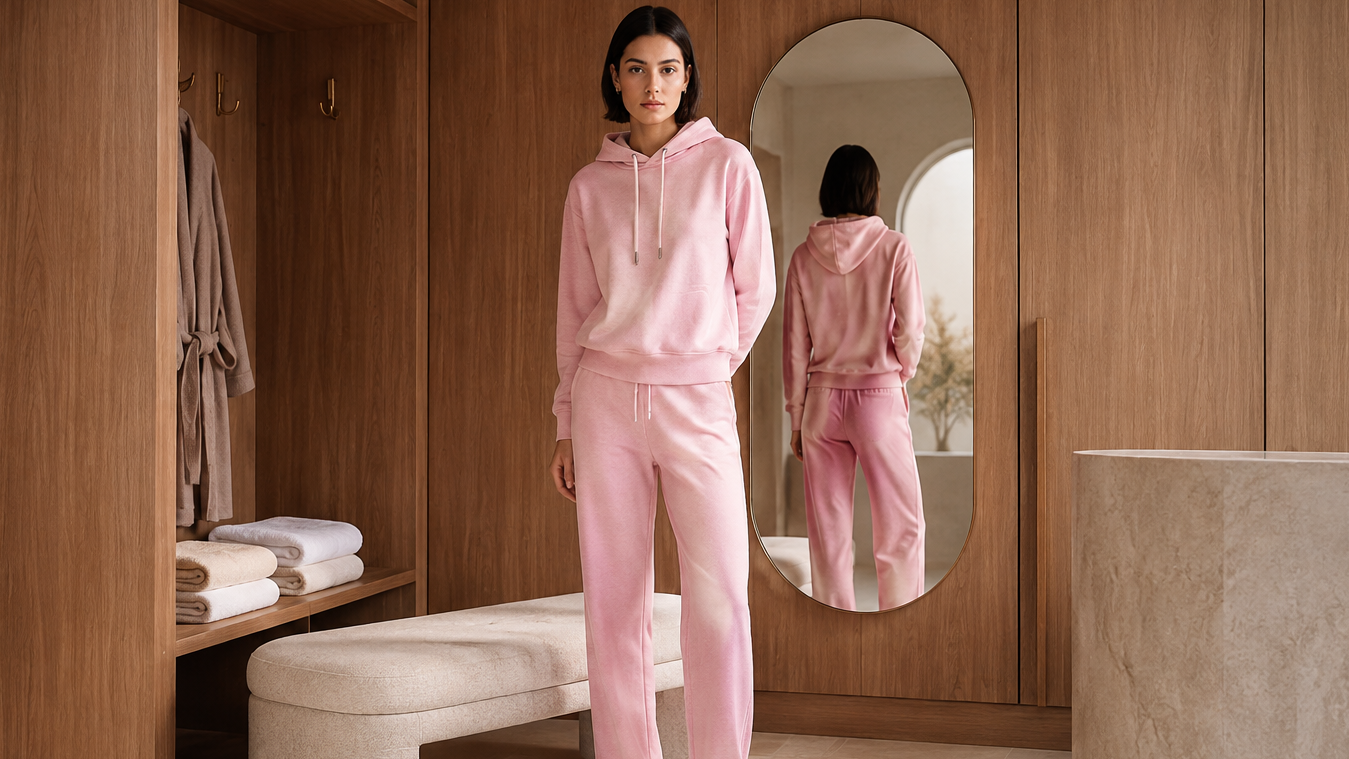 A woman stands in a warm wood-toned dressing room wearing a light pink matching lounge set consisting of a pullover hoodie and wide-leg sweatpants. A bench, open wardrobe, and oval mirror are visible in the room.